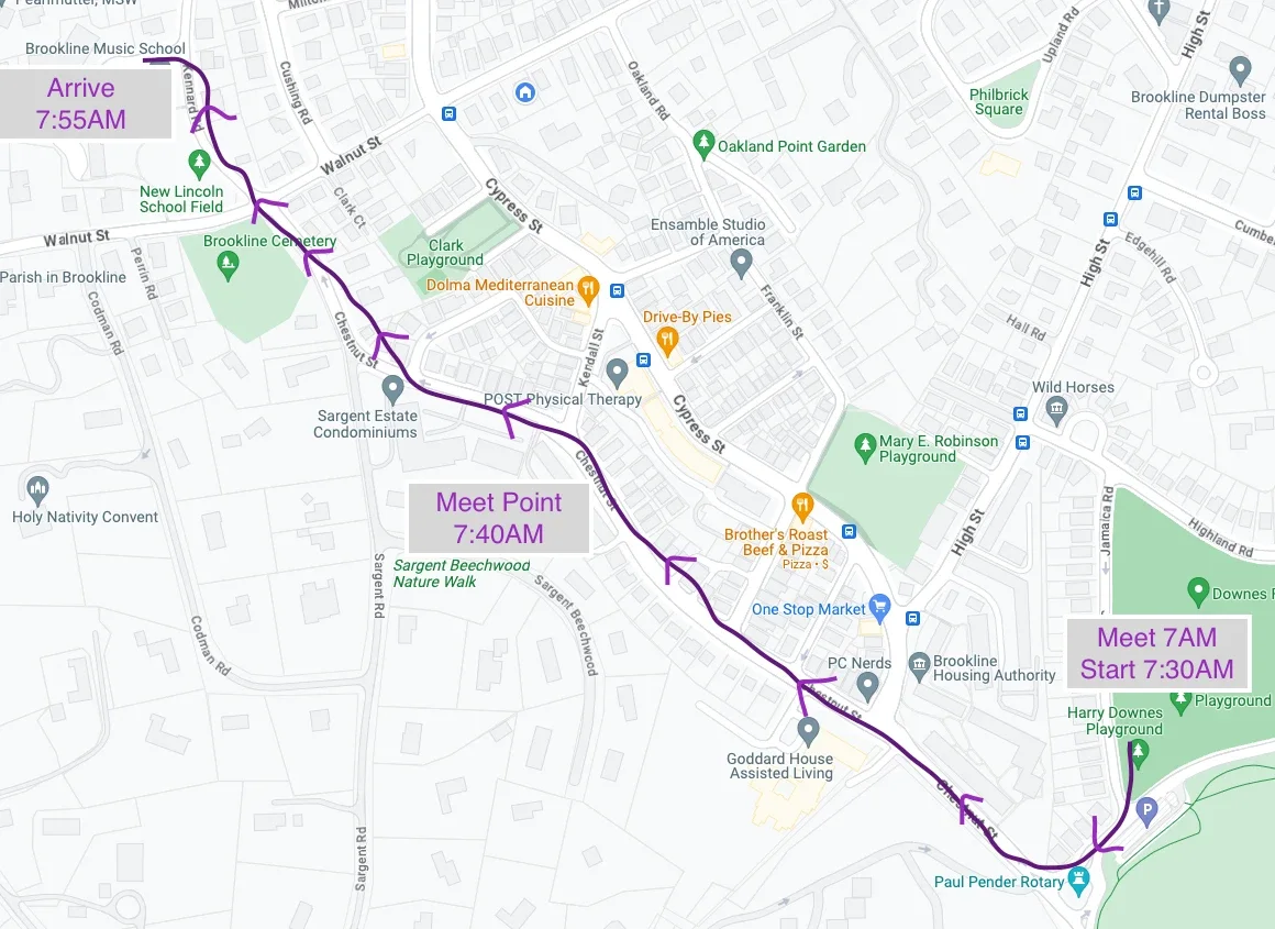 Street map of Brookline. A purple line runs from Harry Downes Playground off Chestnut Street, northwest along Chestnut Street past Cypress Street, then along Walnut Street to Kennard Road at the Lincoln School. Three labels mark meet at 7 AM and start at 7:30, a meet point at 7:40, and arrival at 7:55.
