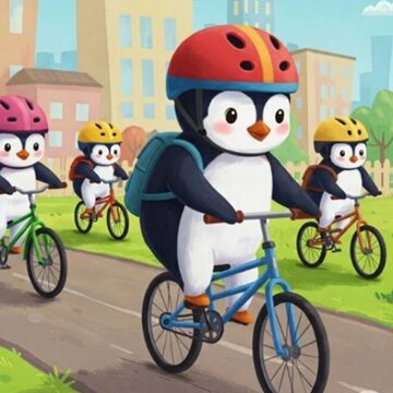Drawing of penguins in bike helmets riding together, from the Pierce flyer.