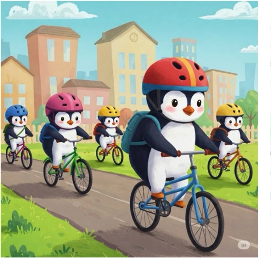 Drawing of five penguins in bike helmets riding bicycles down a path, from the Pierce flyer.