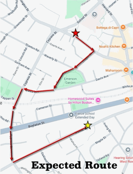 Street map from the Pierce flyer. A red line runs from a star near School Street, down Cypress Street, then east along Boylston Street to a second star at Pierce, marked Expected Route.